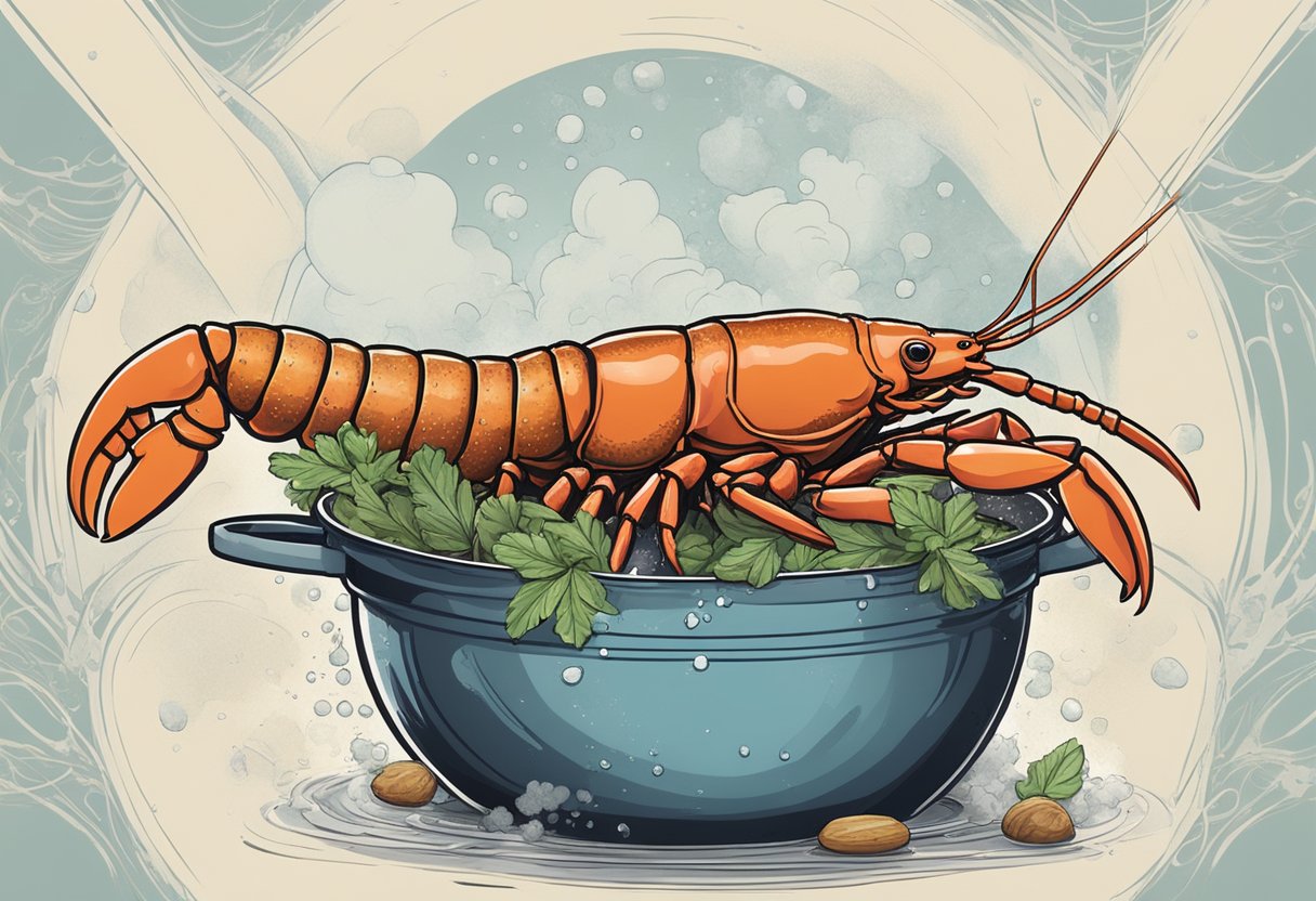 A lobster being cooked in a large pot of boiling water with steam rising and a scattering of herbs and spices around it