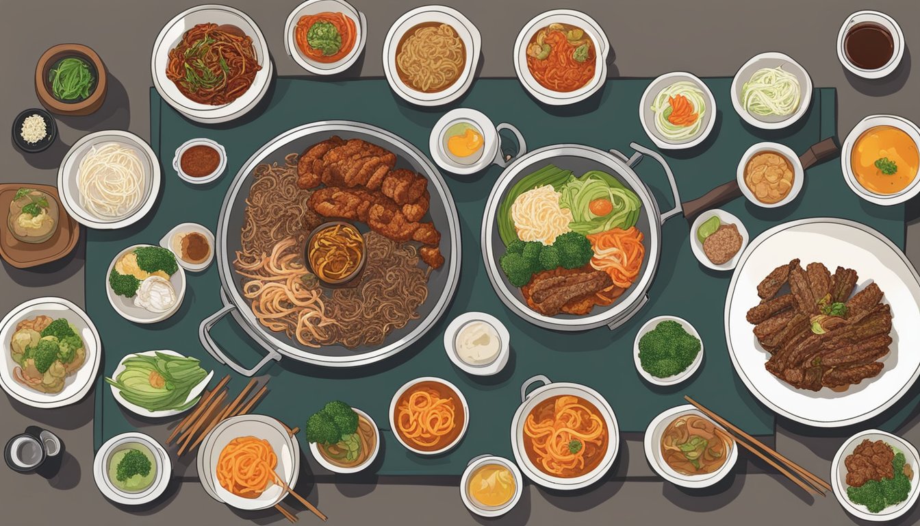 A table set with traditional Korean dishes at Hansang restaurant. Kimchi, bulgogi, and banchan arranged neatly