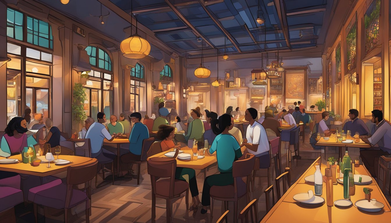 The bustling ayza restaurant with dim lighting, cozy seating, and a vibrant bar area. Aromatic dishes fill the air, and patrons enjoy lively conversation
