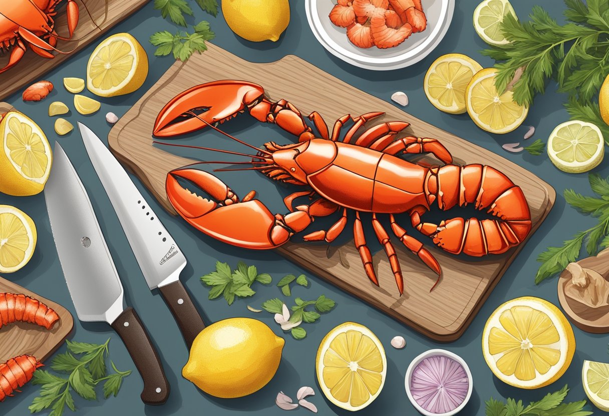 A lobster is being prepared for cooking, with a chef's knife slicing through the shell and removing the claws. The lobster is placed on a cutting board surrounded by ingredients like lemon, herbs, and butter