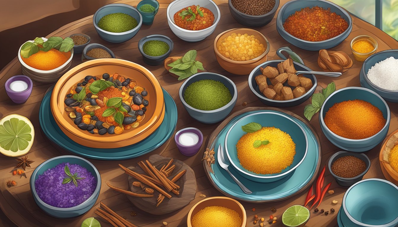 A table set with colorful dishes and exotic spices at Ayza restaurant