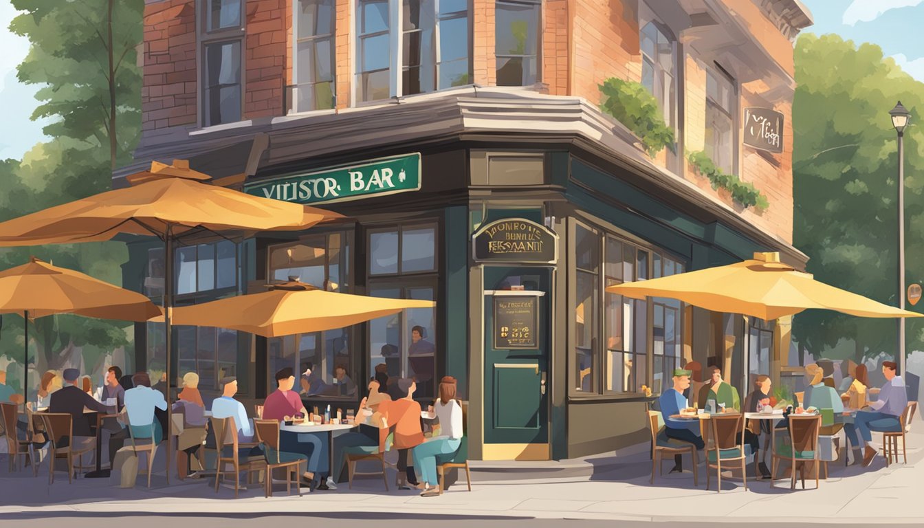 A bustling restaurant with a sign "Visitor Information youngs bar & restaurant" at the entrance, with outdoor seating and people enjoying food and drinks