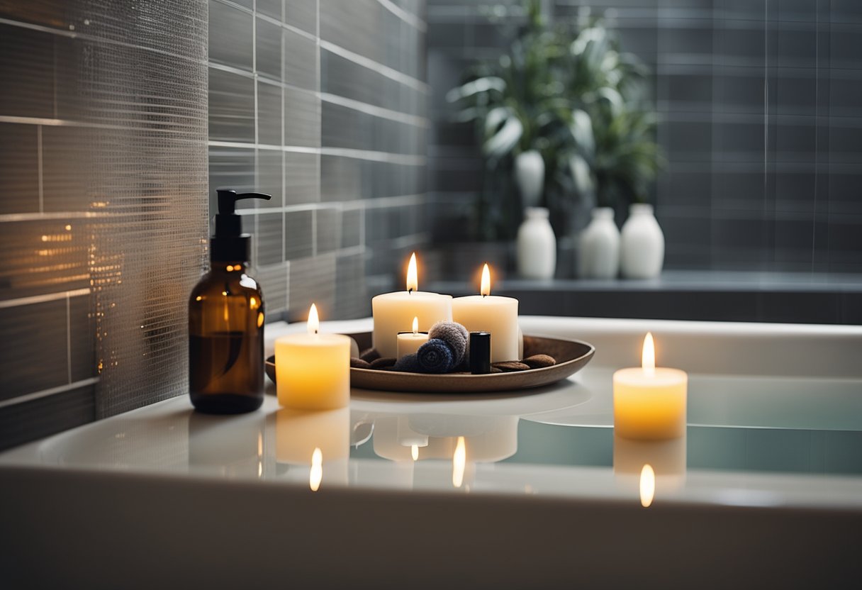 A serene bathroom with soft lighting, a plush towel, and a tray of aromatic candles and essential oils. A sleek bathtub or shower with a rainfall showerhead completes the spa experience at home