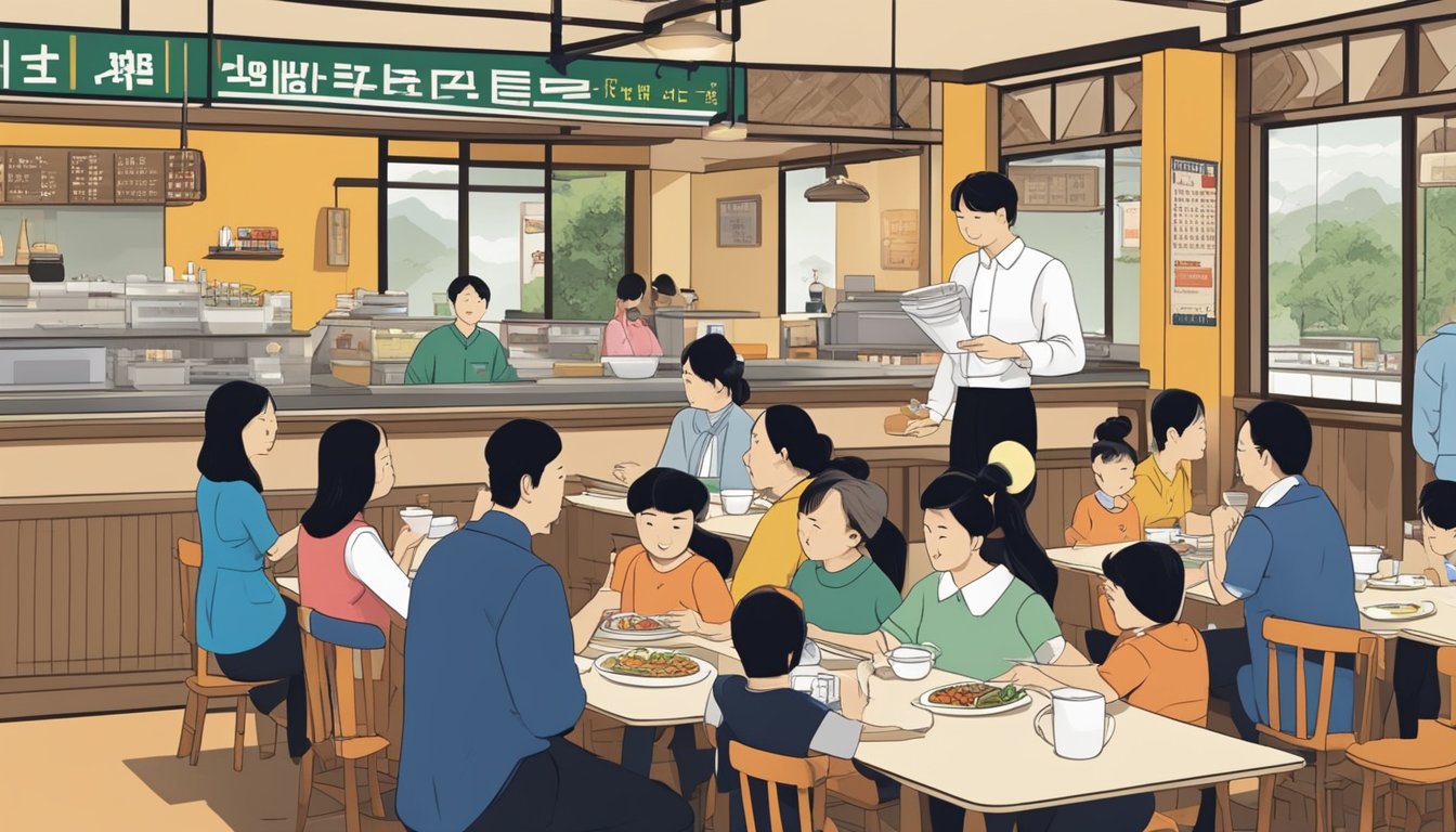 A bustling Korean family restaurant with customers dining, waitstaff serving, and a sign reading "Frequently Asked Questions" in bold letters