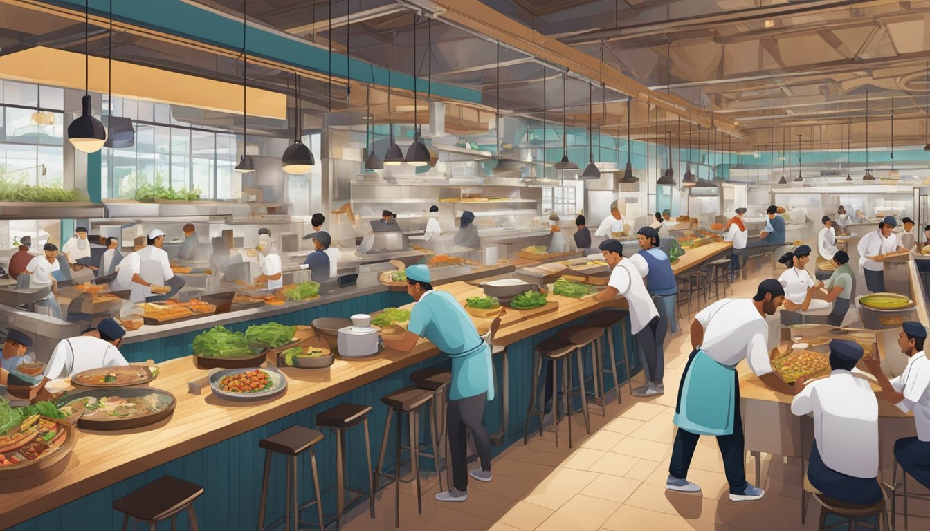 A bustling food hall with a variety of international cuisines, diners enjoying meals at communal tables, and chefs busy at work in open kitchens
