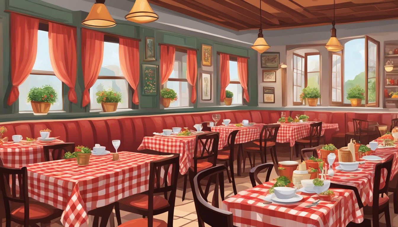 The cozy Italian restaurant bustles with diners, red checkered tablecloths, and the aroma of garlic and tomato sauce