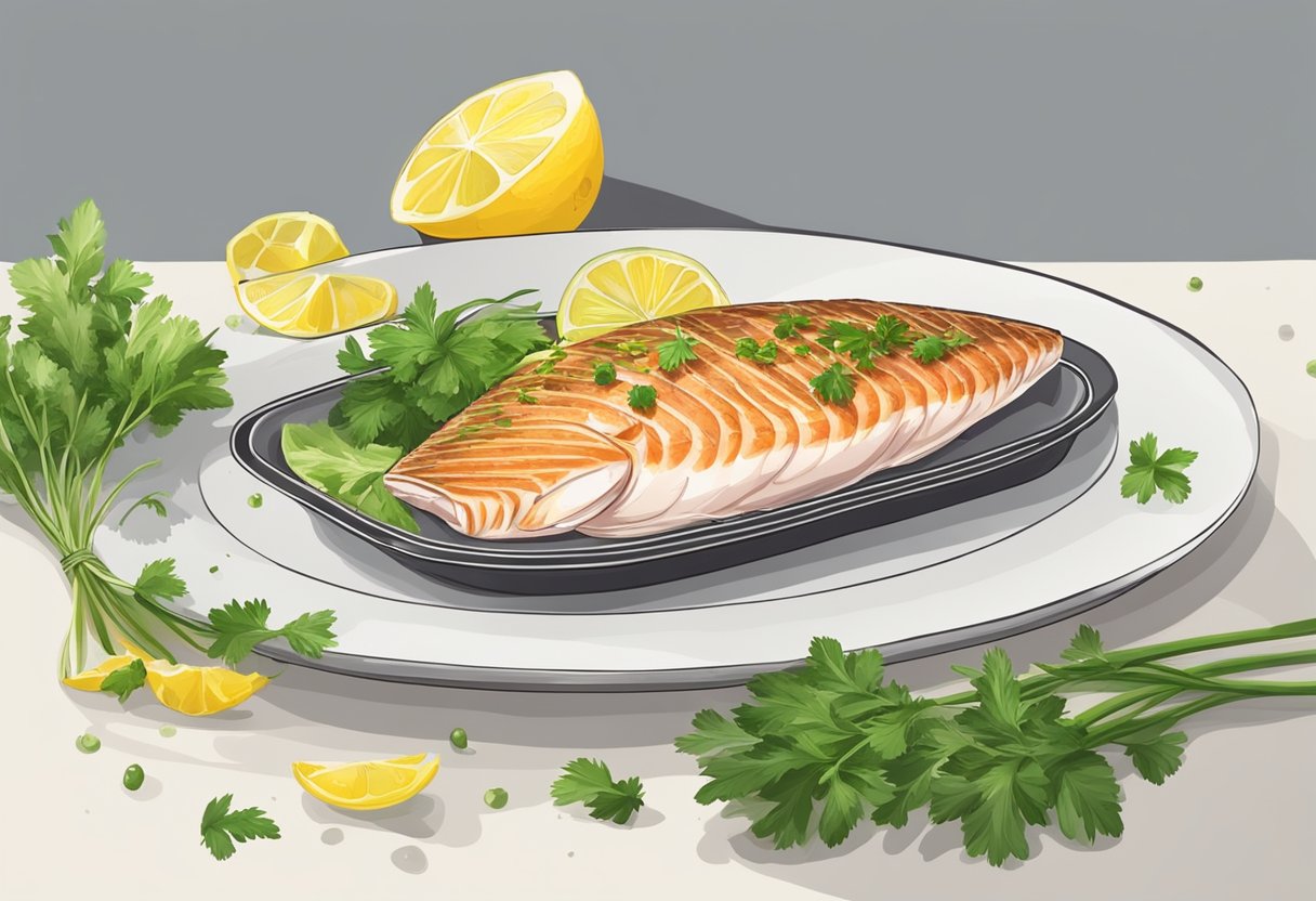 A fresh fish fillet is being seasoned with herbs and spices before being placed on a hot grill. Lemon slices and parsley garnish the fillet