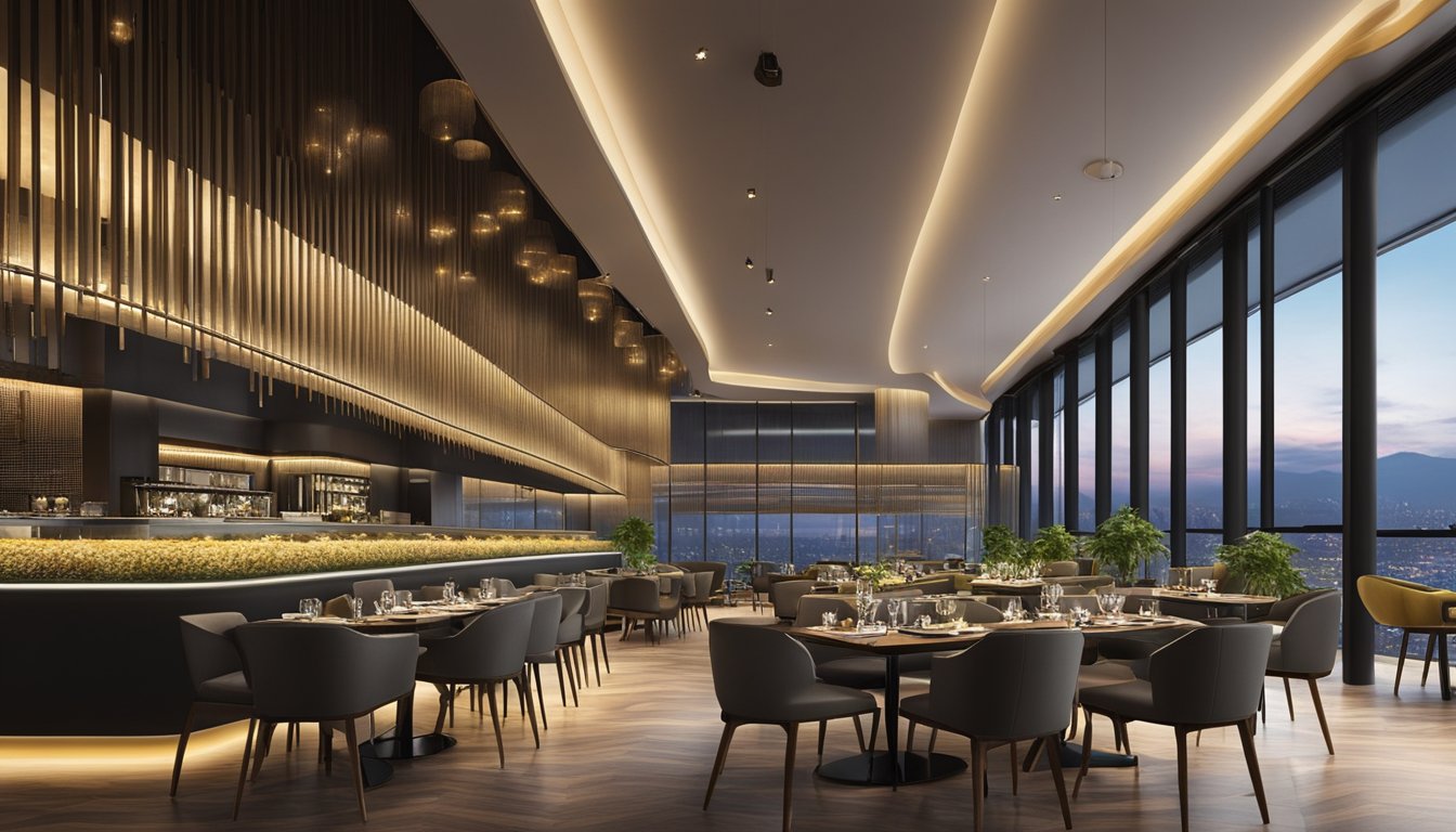 The bustling atmosphere of Guoco Tower's restaurants exudes convenience and modern ambience. The sleek interior design and vibrant lighting create an inviting dining experience
