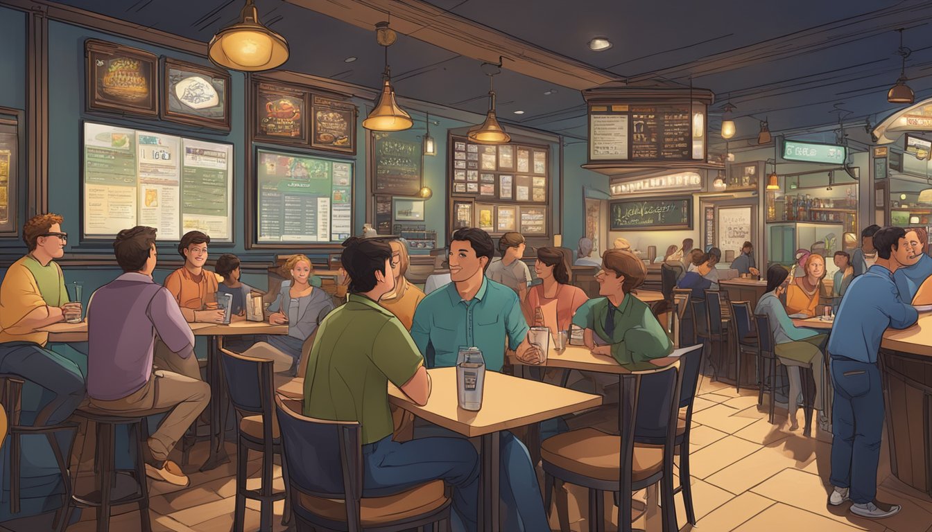 A bustling restaurant with a lively bar area, customers chatting and enjoying drinks. The menu board and FAQ sign are prominently displayed