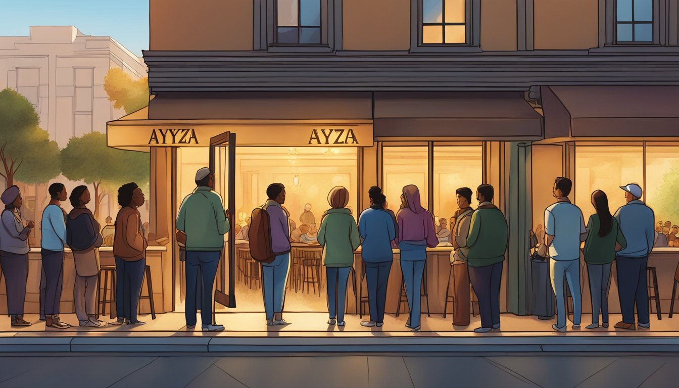Customers line up outside Ayza restaurant, eagerly waiting to enter. The warm glow of the interior spills out onto the sidewalk, inviting passersby to come inside