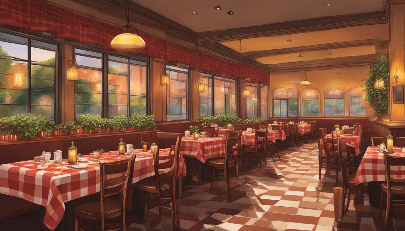 The bustling Italian restaurant buzzes with the aroma of simmering tomato sauce and sizzling garlic. Tables are adorned with red-checkered cloths and flickering candles, creating a warm and inviting atmosphere