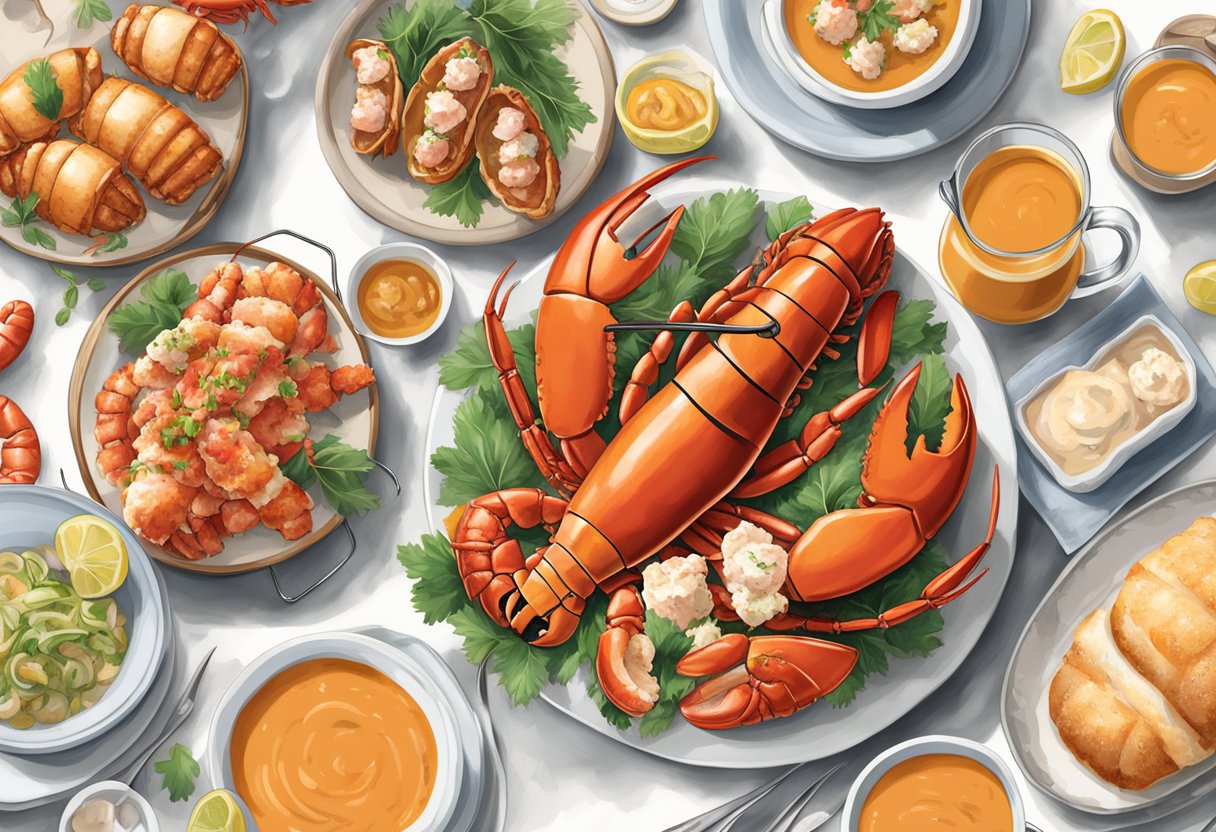 A table set with various lobster dishes, including lobster bisque, lobster rolls, and grilled lobster tails