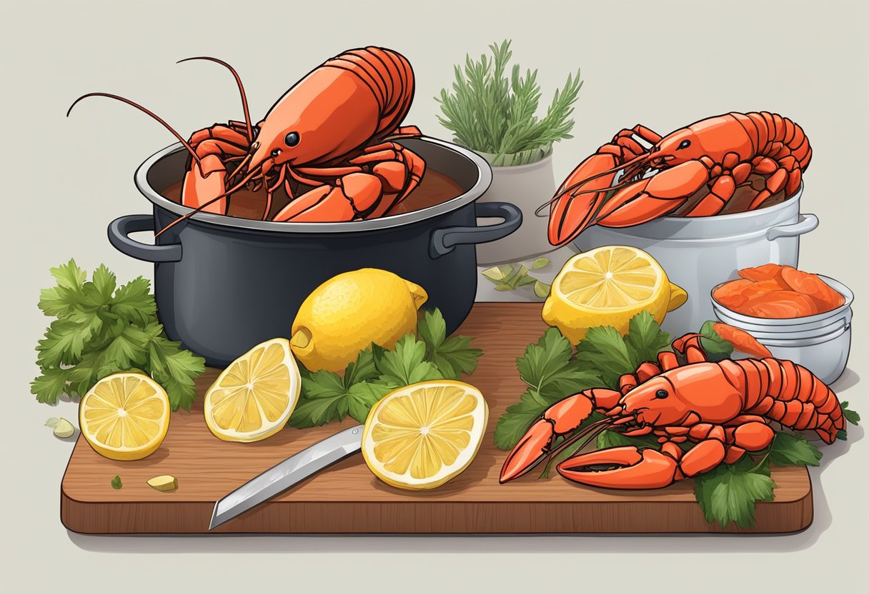 A large pot boiling with water, a pile of fresh lobsters, a cutting board with lemons and herbs, and a chef's knife ready to prepare the lobster ball recipe