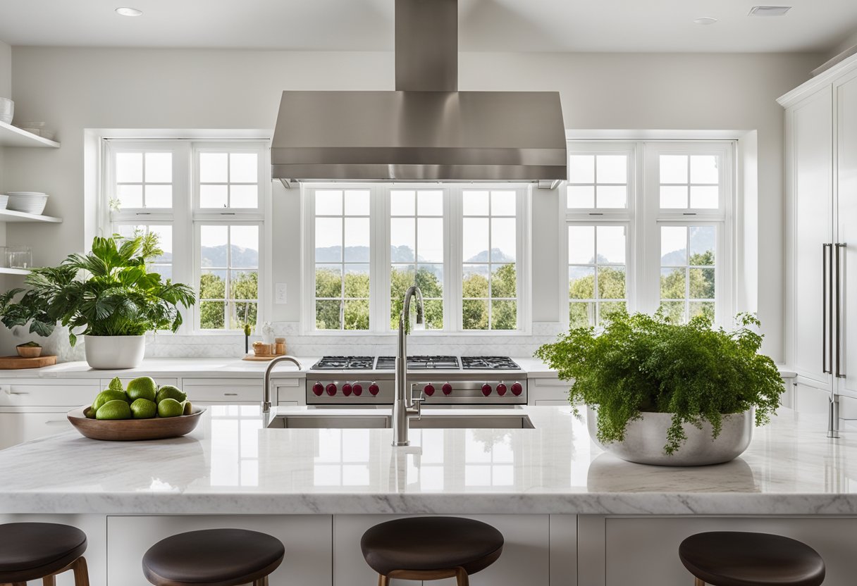 A modern kitchen with sleek white cabinets, stainless steel appliances, and a large island with a marble countertop. The space is filled with natural light from the large windows, and there are potted plants on the windowsill