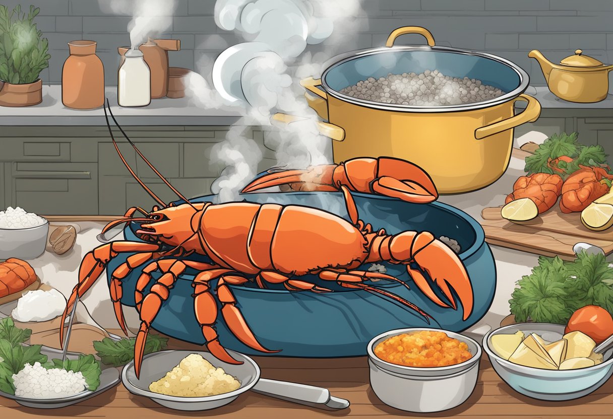 A lobster being cooked in a pot with steam rising, surrounded by ingredients and utensils for a FAQ lobster recipe