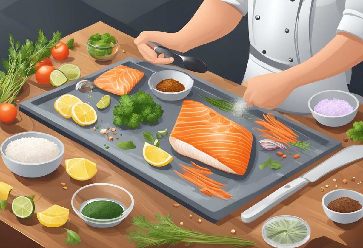 A chef prepares a fish fillet with a variety of seasonings and garnishes, surrounded by cooking utensils and ingredients