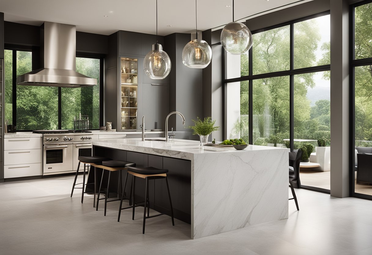 A sleek, spacious kitchen with marble countertops, stainless steel appliances, and a large island with pendant lighting. Glass cabinets showcase fine dinnerware, and a panoramic window offers a view of lush greenery