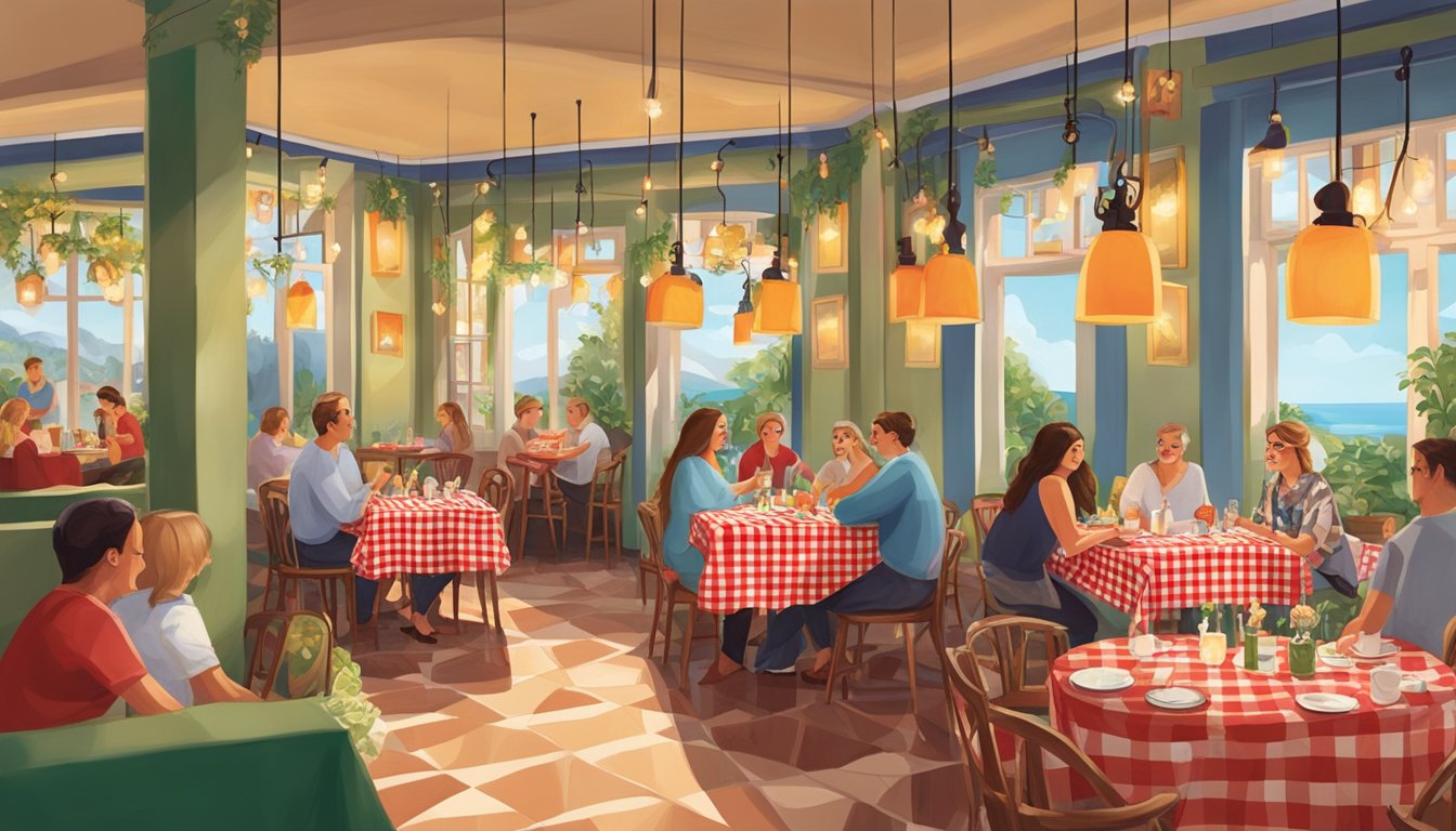 Customers dining at Mamma Mia restaurant, enjoying Italian cuisine and lively atmosphere. Decor includes red checkered tablecloths and hanging string lights