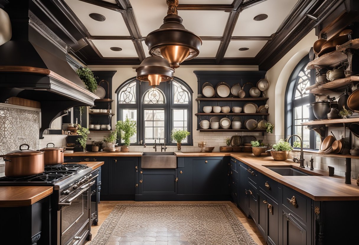 A Victorian kitchen with ornate cabinetry, a large cast iron stove, copper pots hanging from the ceiling, and a farmhouse sink with intricate detailing