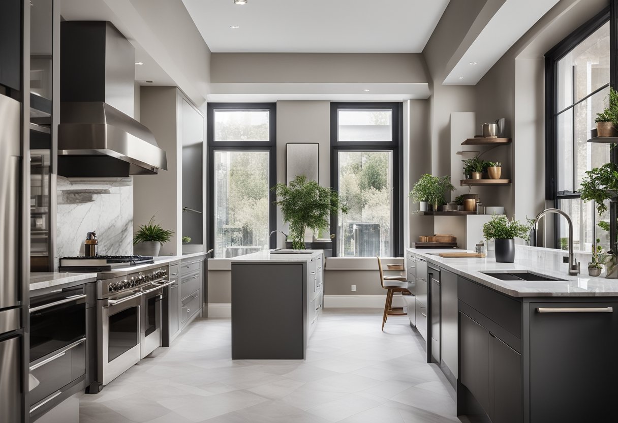 A sleek, spacious kitchen with marble countertops, stainless steel appliances, and a minimalist color palette