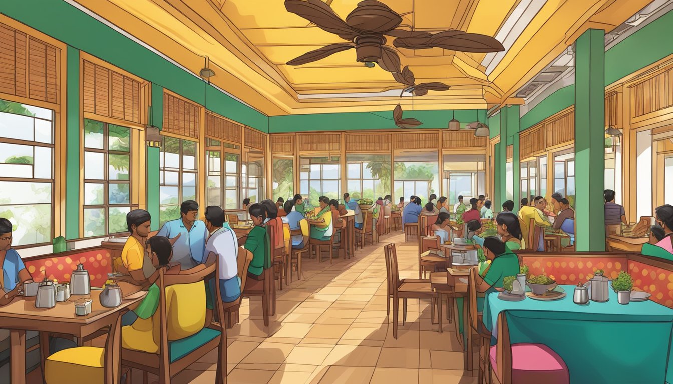 The bustling atmosphere of Madras New Woodlands Restaurant, with colorful decor and aromatic spices filling the air