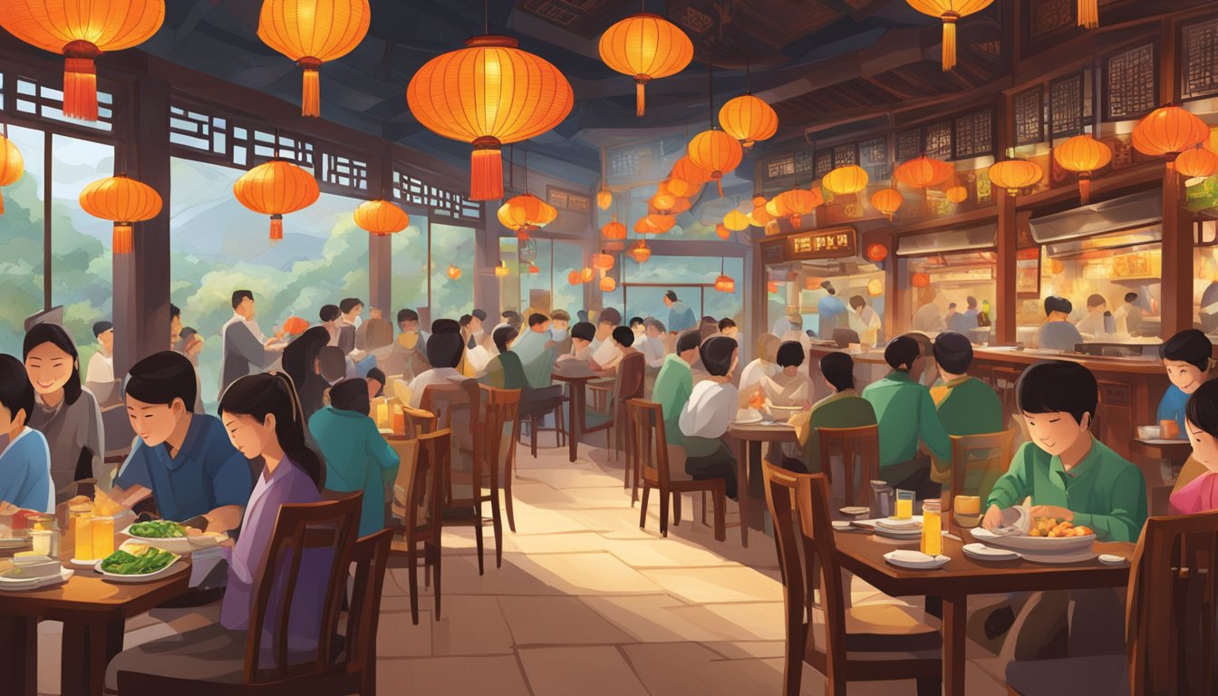 The bustling hui restaurant, filled with colorful lanterns and the aroma of sizzling stir-fry dishes, exudes a lively and vibrant atmosphere