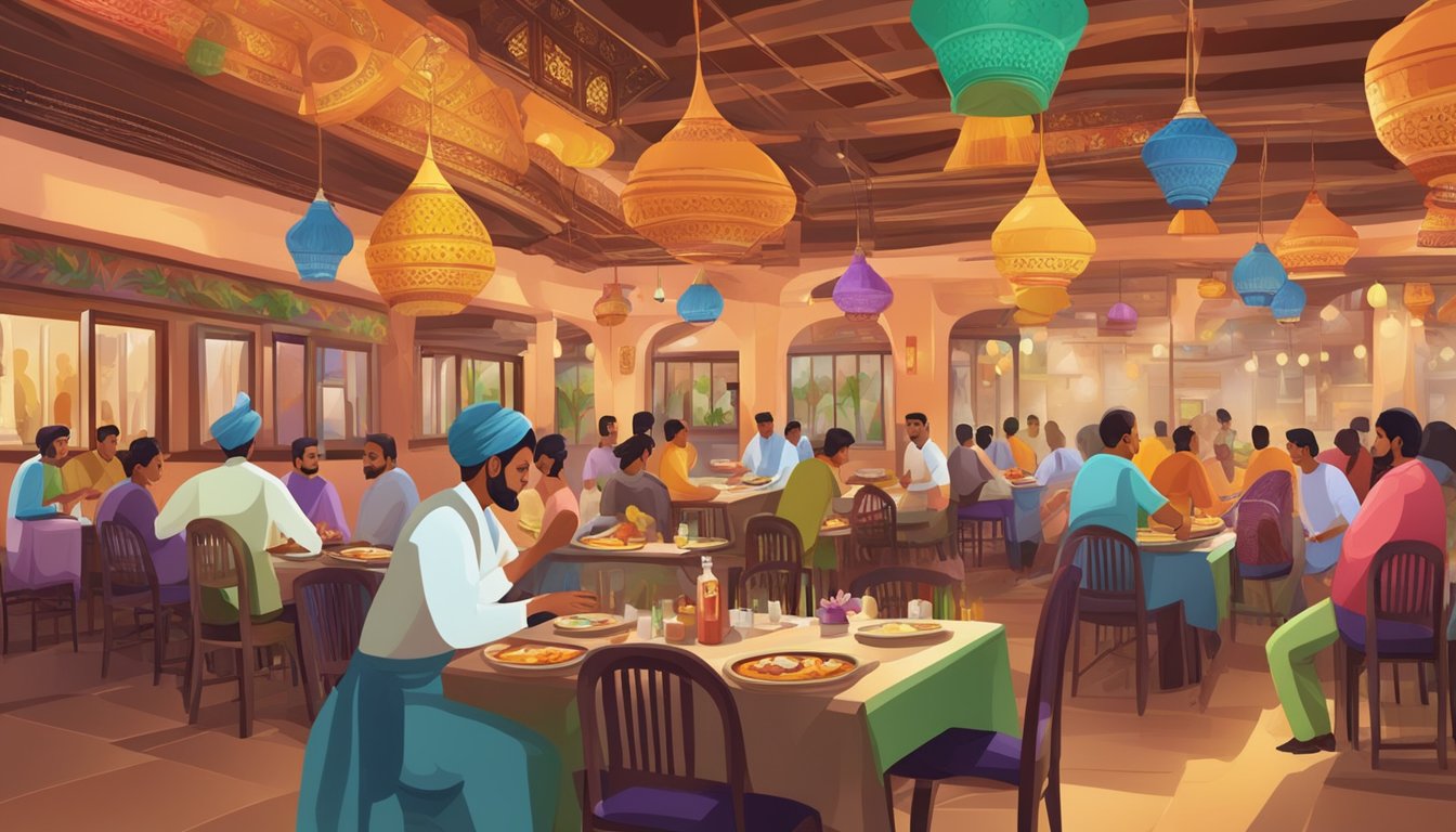 A bustling Indian restaurant with colorful decor and aromatic spices, filled with the sounds of sizzling pans and chatter of satisfied diners