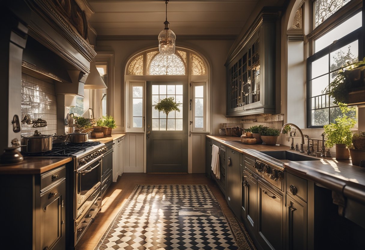 A cozy Victorian kitchen with ornate cabinetry, a farmhouse sink, and a vintage stove. Sunlight streams in through lace curtains, casting a warm glow on the checkered floor