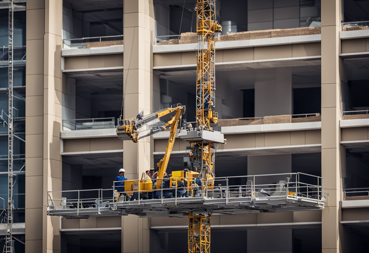 Construction workers renovate a commercial building, using cranes to lift materials and scaffolding to access the exterior. Trucks deliver supplies as the building takes on a new look