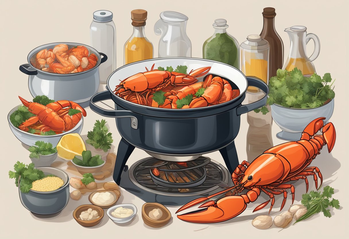 A large pot boils on the stove, filled with lobsters and various ingredients. A recipe card sits nearby, with step-by-step instructions