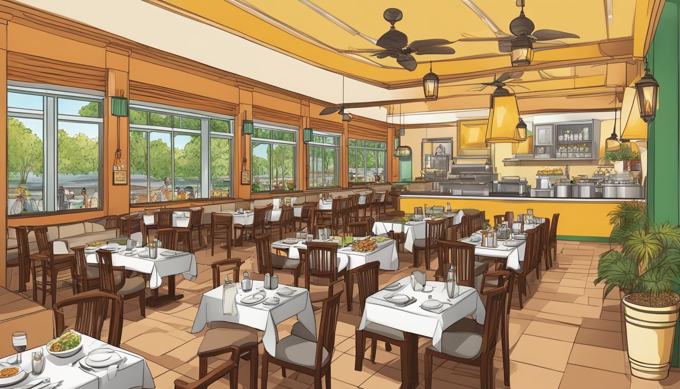 The bustling interior of Restaurant Essentials Madras New Woodlands is filled with diners enjoying South Indian cuisine, while the aroma of spices and sizzling dishes fills the air