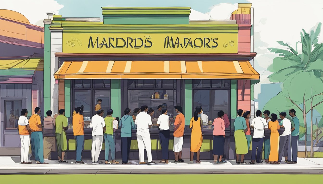 Customers line up outside the vibrant Madras New Woodlands Restaurant, eagerly awaiting their turn to taste the renowned cuisine. The colorful building stands out against the bustling city backdrop, drawing in passersby with its inviting ambiance
