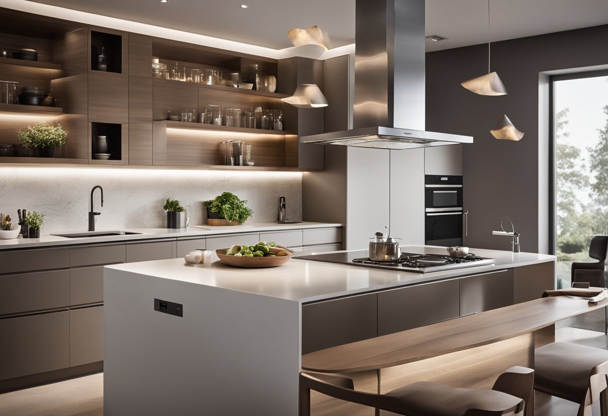 A modern kitchen with sleek countertops, ample storage, and stylish lighting. A large island serves as the centerpiece, with a clean and minimalist design