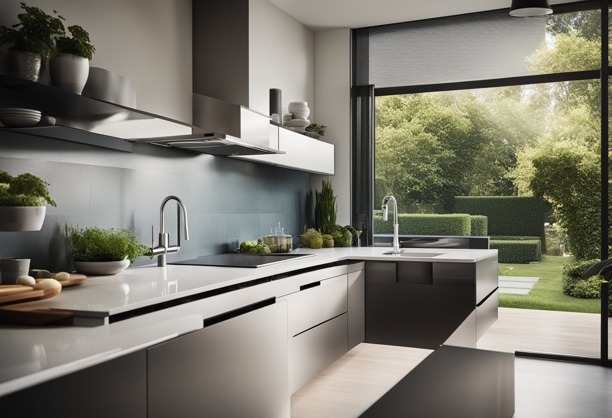A modern kitchen with a corner sink, sleek stainless steel fixtures, and a large window overlooking a garden