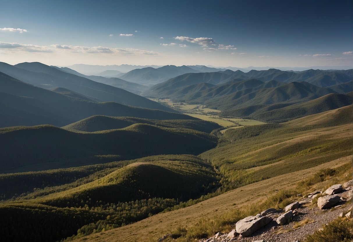 A vast landscape stretches to the horizon, with mountains, forests, and a winding river visible in the distance. The sky is clear, allowing for an unobstructed view of the far-reaching scenery