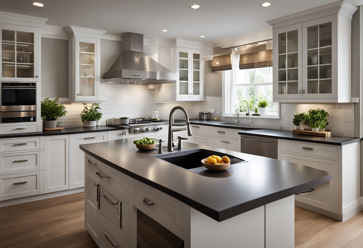 A corner kitchen sink maximizes space. The sink is positioned in the corner with cabinets on either side, creating a functional and efficient layout