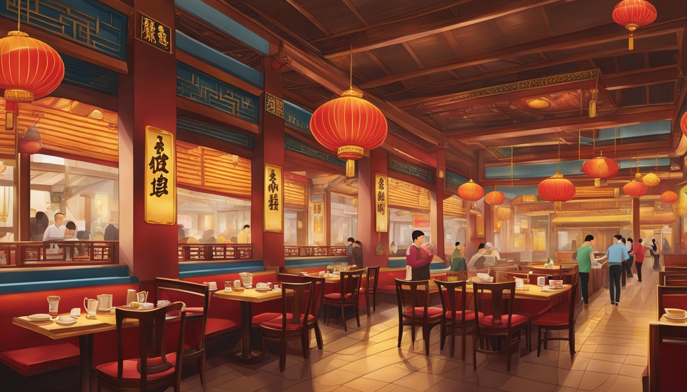 The bustling Chua Kee Restaurant, with its vibrant red and gold decor, filled with the aroma of sizzling woks and steaming bowls of noodles