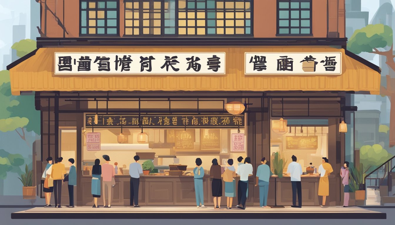 Customers line up outside "Chua Kee Restaurant," a bustling eatery. A sign displays "Frequently Asked Questions" in bold letters. Aromatic steam wafts from the open kitchen