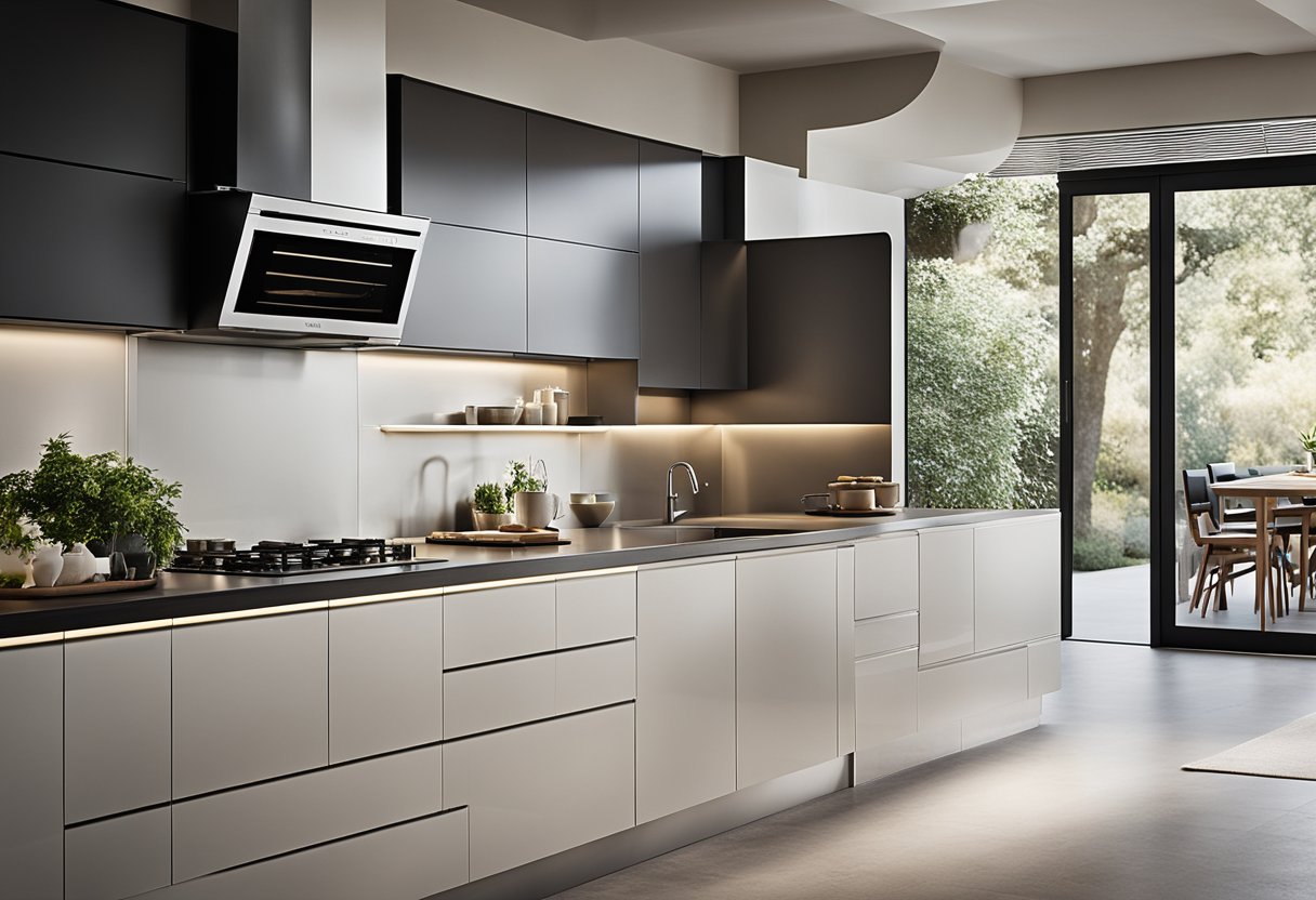 A modern Italian kitchen with sleek cabinetry, high-end appliances, and a minimalist design. The space is flooded with natural light, highlighting the luxurious materials and clean lines