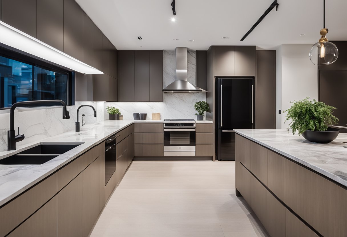 A sleek, spacious kitchen with high-end appliances and minimalist design. Clean lines, marble countertops, and ample natural light