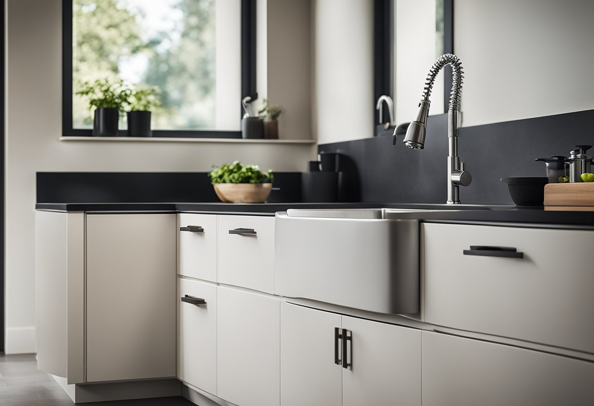 A corner kitchen sink with sleek, modern design, surrounded by ample counter space and storage cabinets, illuminated by natural light from nearby windows