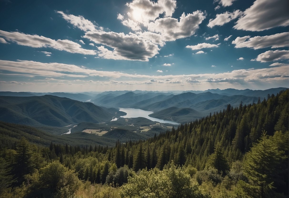 A vast landscape with varying terrain, including mountains, forests, and bodies of water, under a clear sky with visible clouds and distant horizon