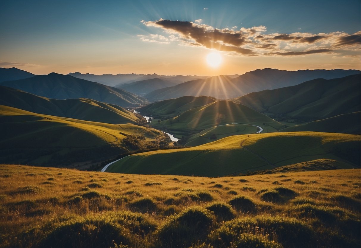 A vast landscape stretches to the horizon, with rolling hills, towering mountains, and a winding river. The sky is a deep blue, and the sun casts long shadows across the land