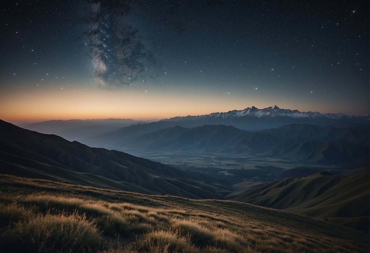 A vast landscape stretches out, with mountains in the distance and a clear, starry sky above. The horizon is visible, but details become hazy