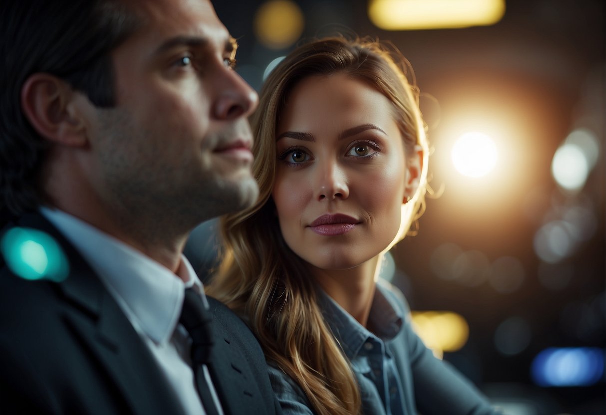 A pair of eyes gazing into the distance, surrounded by various visual aids and environmental factors such as screens, sunlight, and artificial lighting