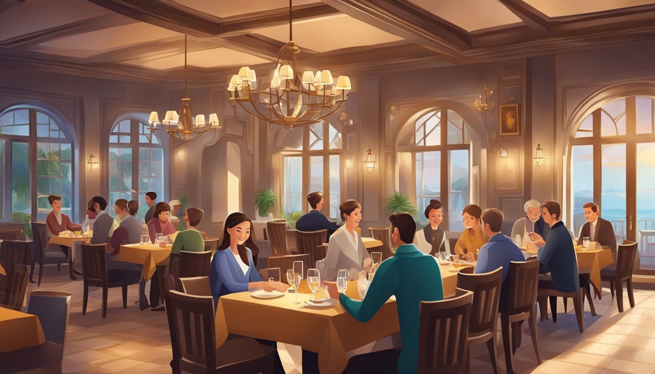 Customers dining in a cozy, well-lit restaurant with elegant decor and a welcoming atmosphere