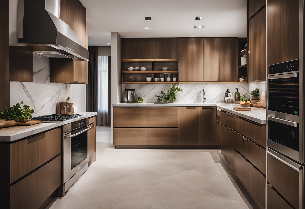 An Italian kitchen with sleek, modern appliances, marble countertops, and warm wood cabinetry exudes quality, aesthetics, and functionality