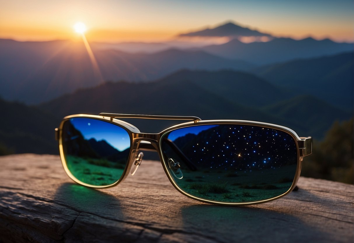 A pair of futuristic glasses with advanced lenses, capturing a panoramic view of distant mountains and a clear night sky filled with stars