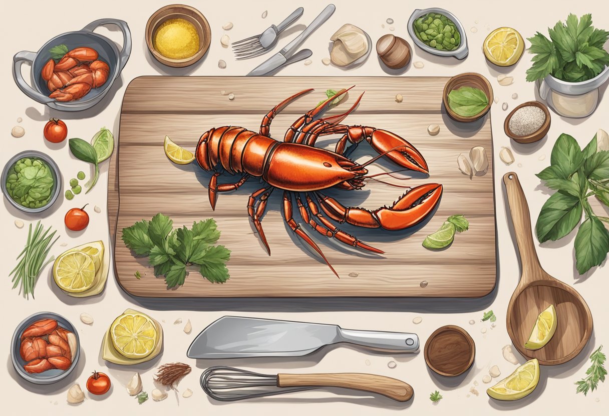 Lobster claws and arms arranged on a wooden cutting board with various kitchen utensils and ingredients scattered around