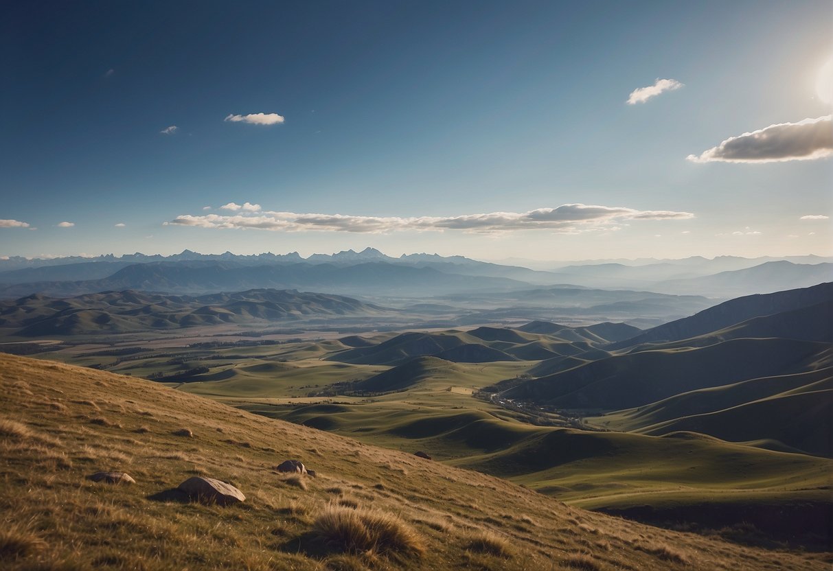 A vast landscape stretches out, with distant mountains and a clear horizon. The sky is expansive and the details of far-off objects are visible